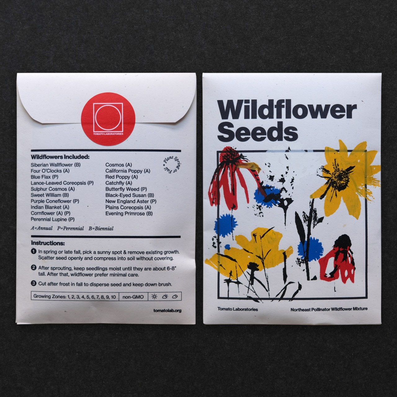 the front and backs of wildflower seed packs on a black piece of paper