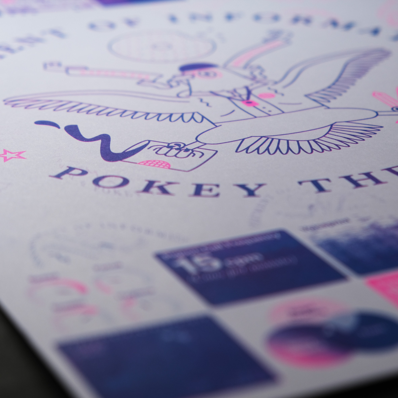 A close up detail of a bright pink and blue risograph poster showing a pigeon spilling coffee