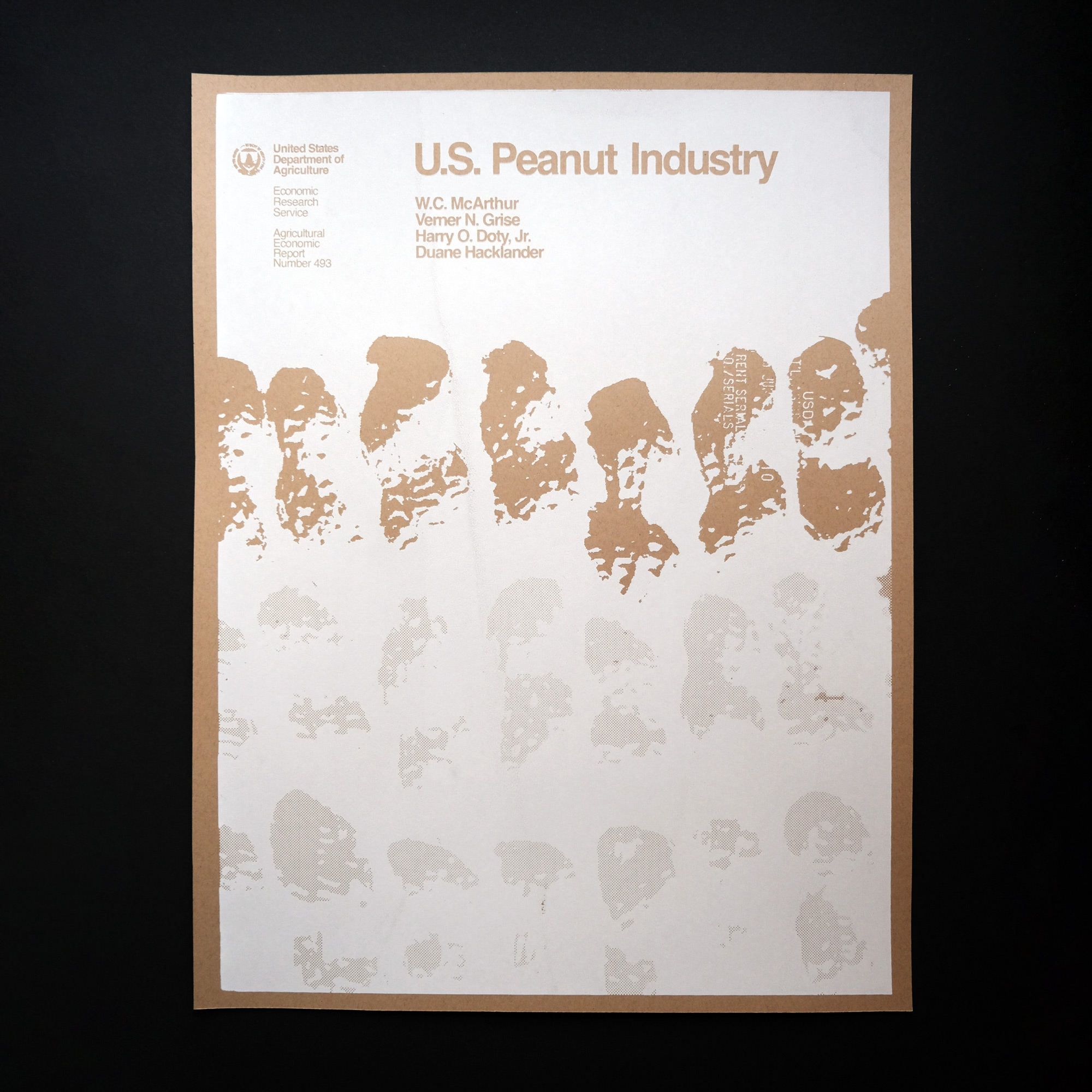 A silkscreen poster of a 1980s us government report titled US Peanut Industry in white ink on brown craft paper