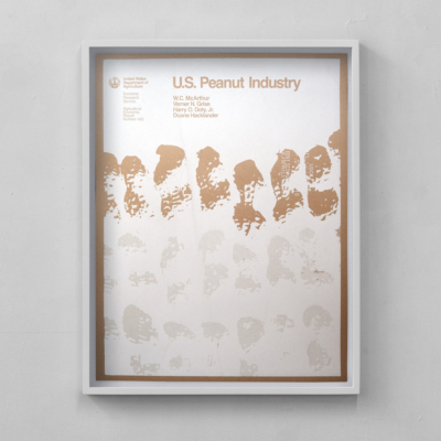 A silkscreen poster of a 1980s us government report titled US Peanut Industry in white ink on brown craft paper