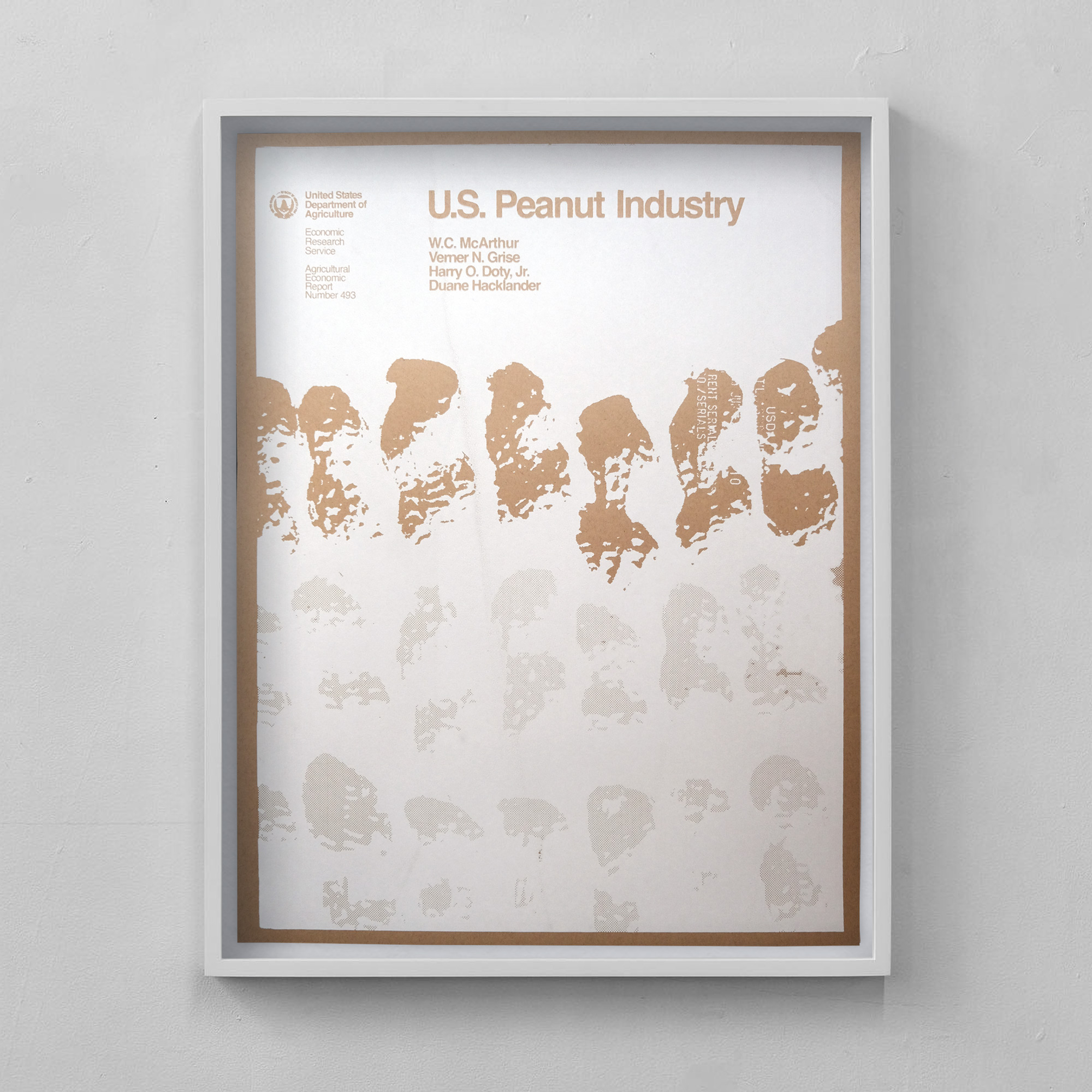 A silkscreen poster of a 1980s us government report titled US Peanut Industry in white ink on brown craft paper