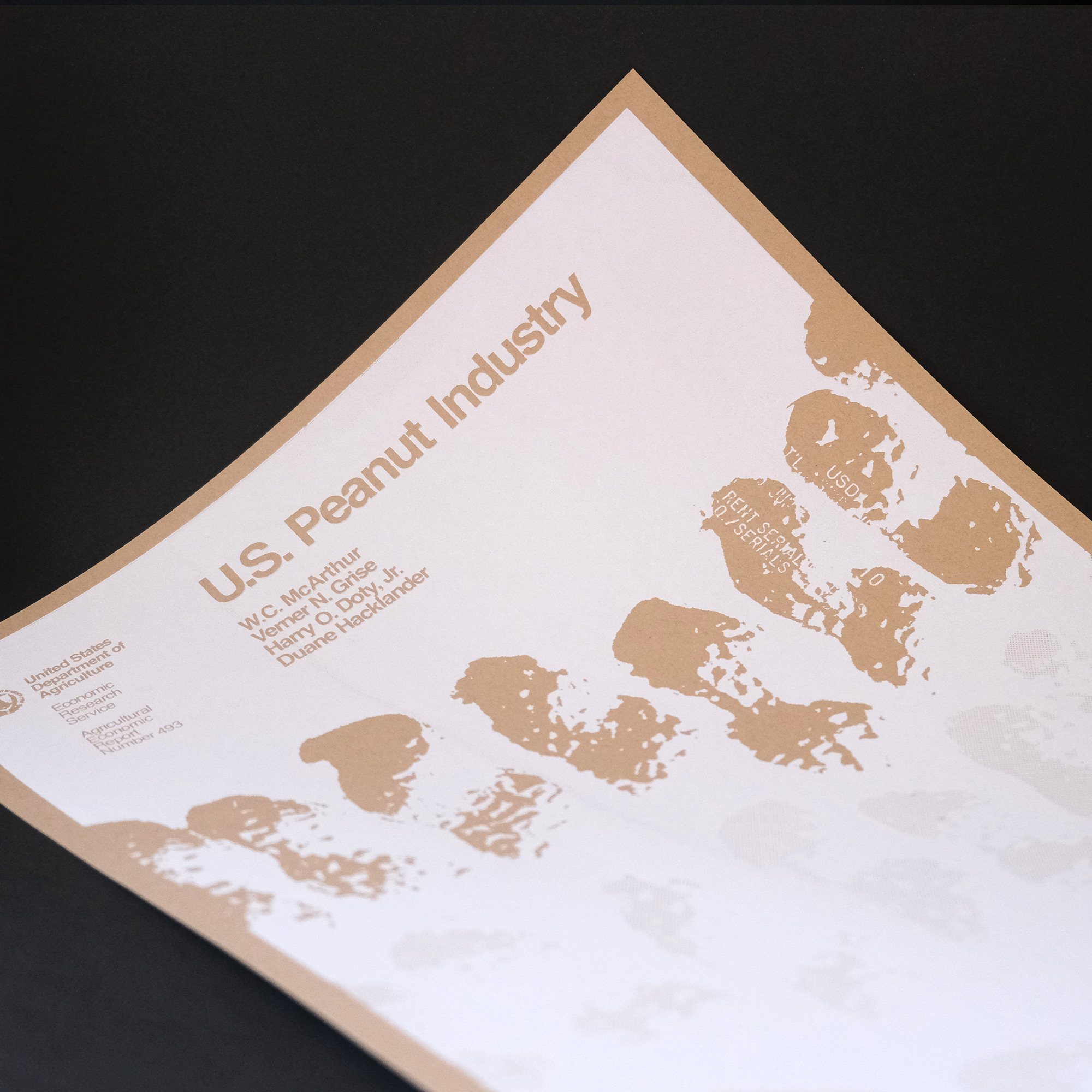 A silkscreen poster of a 1980s us government report titled US Peanut Industry in white ink on brown craft paper