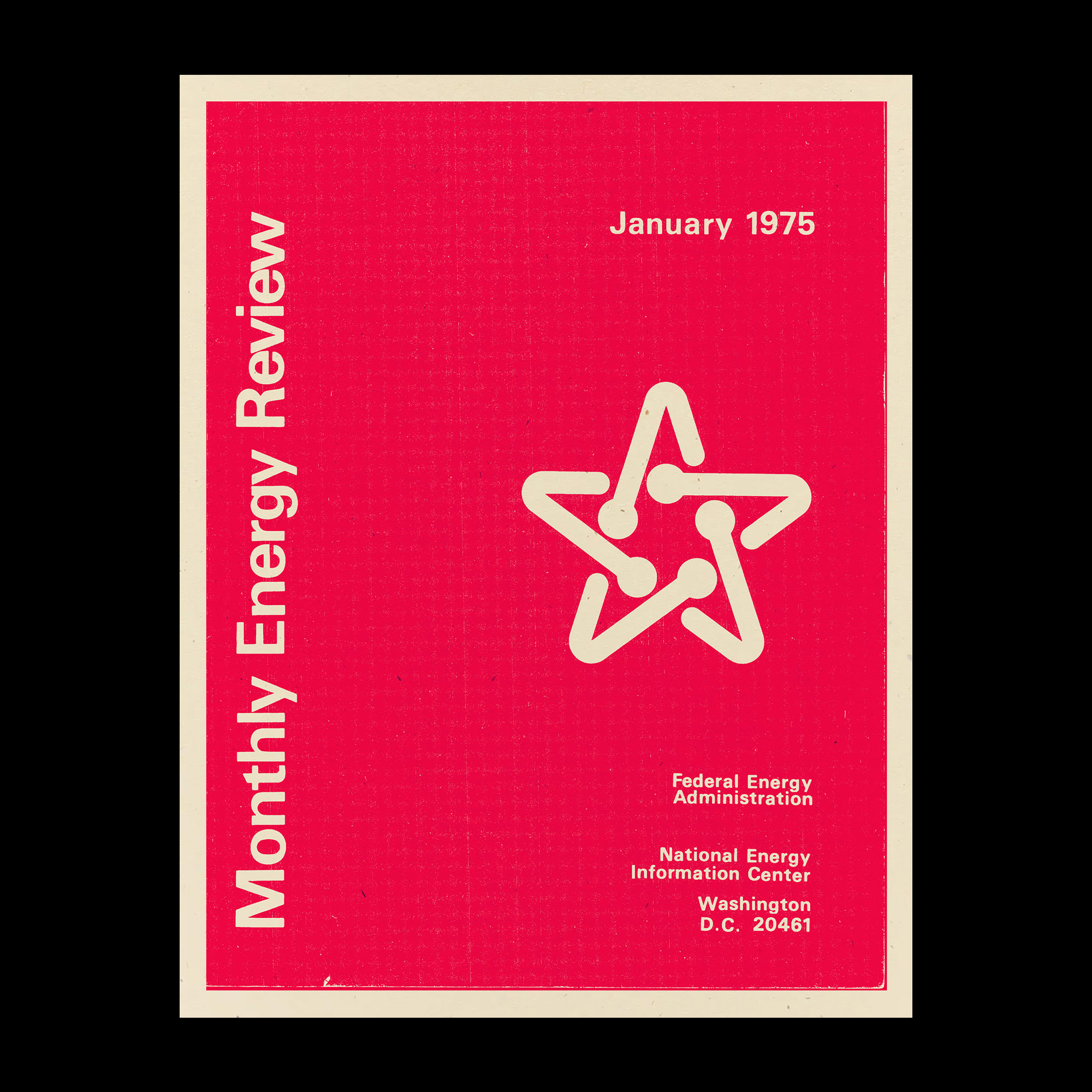 a red ink on cream paper poster of the Monthly Energy Review cover from January 1975