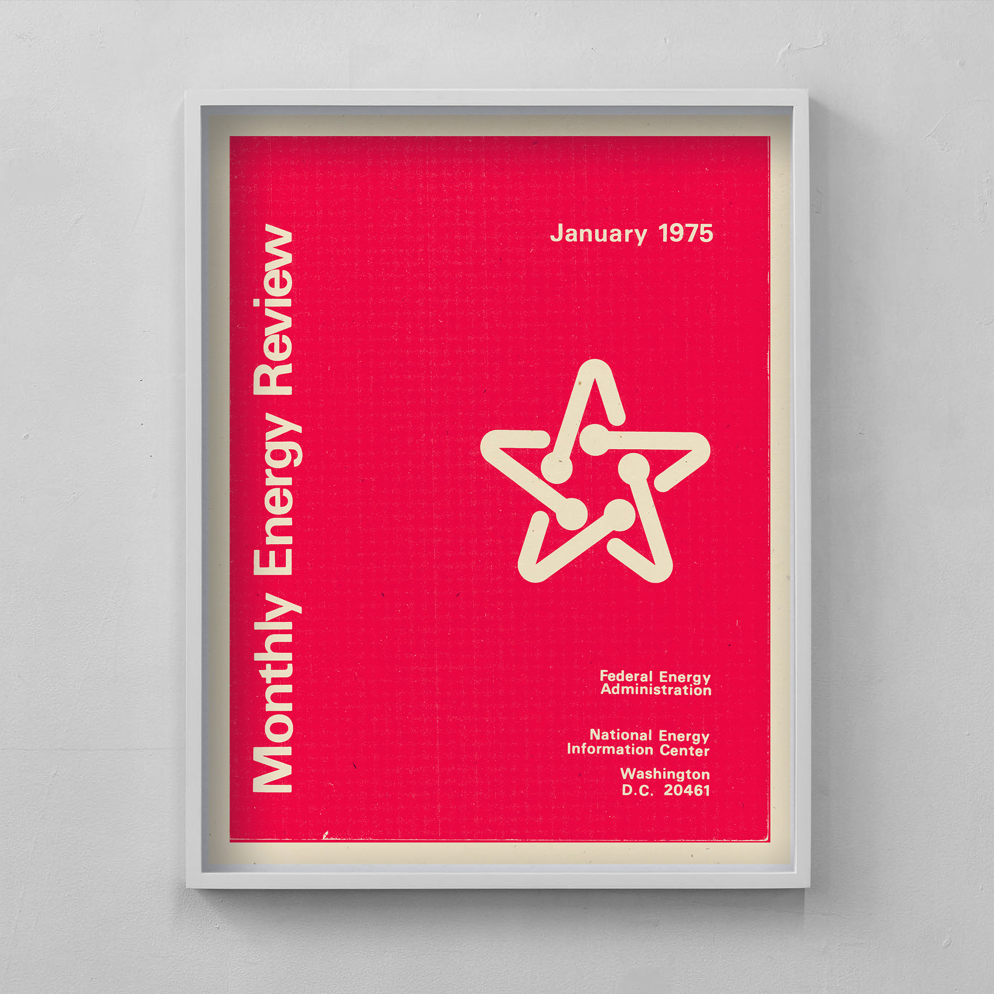 a red ink on cream paper poster of the Monthly Energy Review cover from January 1975