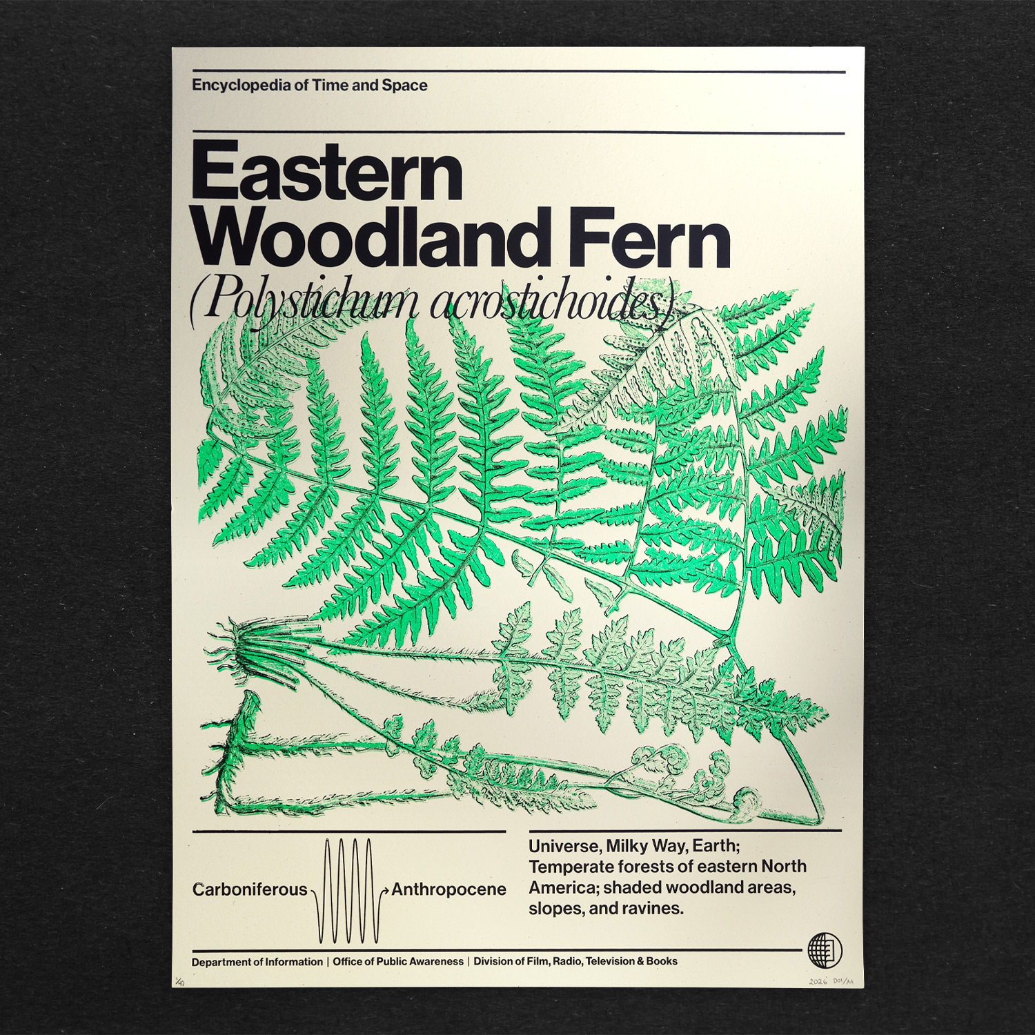 Close up shot of a bright green silkscreen print of a fern