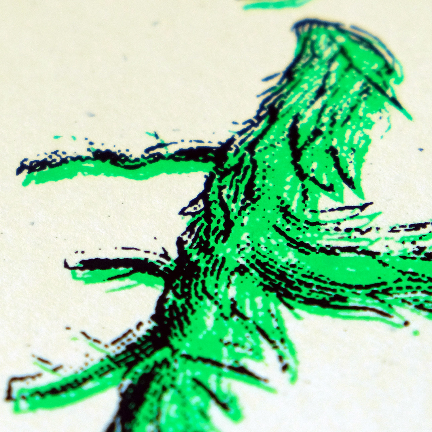 Close up shot of a bright green silkscreen print of a fern