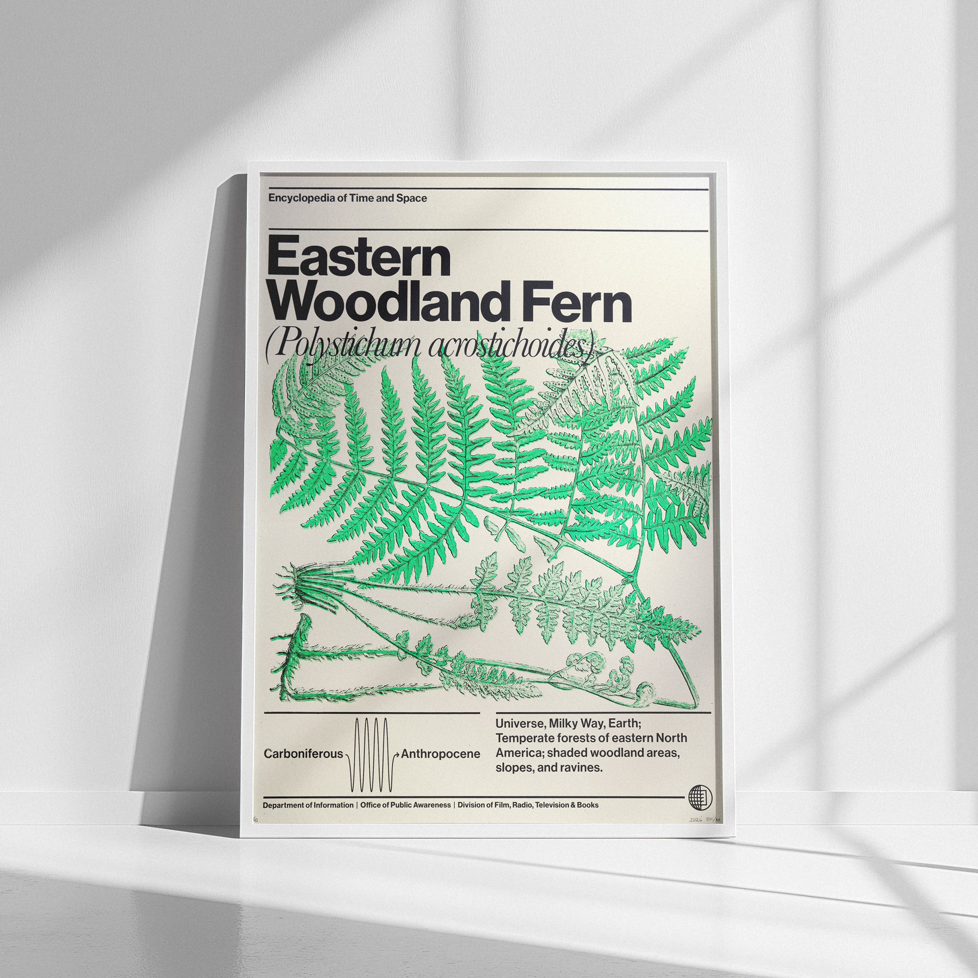 Photo of a framed bright green silkscreen print of a fern on a wall in a white room