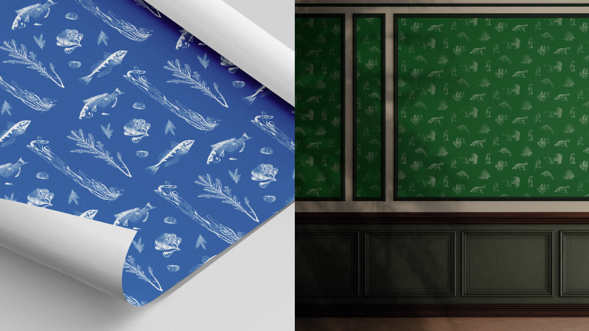 A roll of blue wallpaper with fish patterns and a dark, moody room with green nature pattern wallpaper