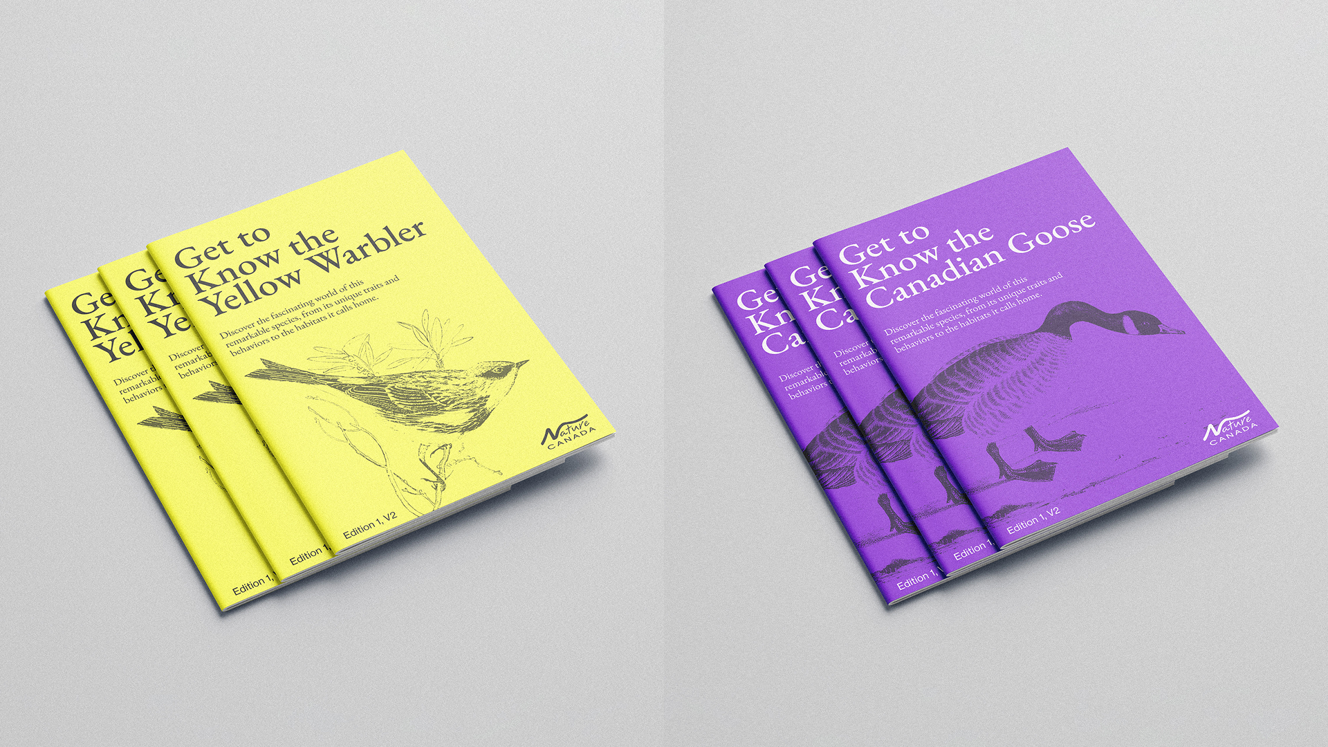 Two nature pamphlets, a yellow one features an illustration of a Yellow Warbler- a purple one features an illustration of a Canadian Goose