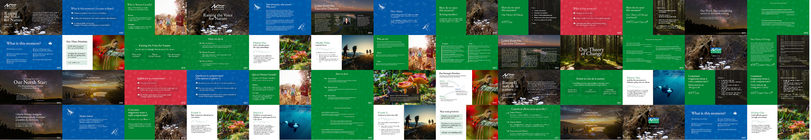 A large series of slides for a deck template, mostly blue, green, white, and black