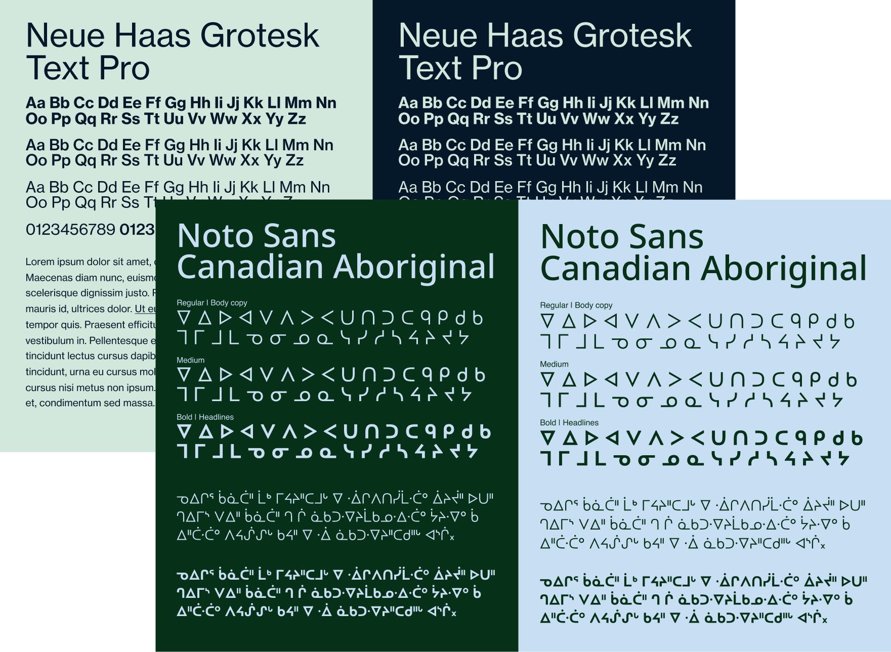 A couple type specimens in blue and green alternating colors: Neue Haas Grotesk and Noto Sans Canadian Aboriginal