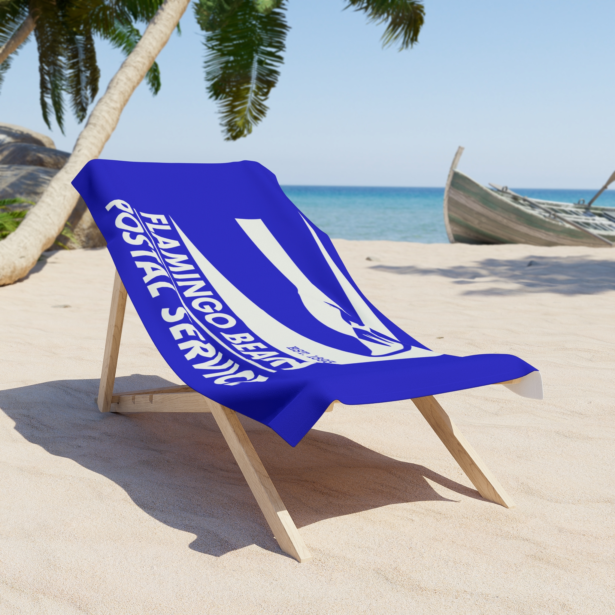 Flamingo Beach Postal Service Beach Towel in Bureaucracy Blue
